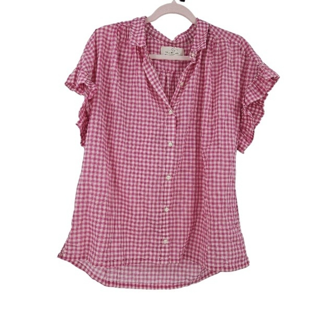 Trovata Birds of Paradis Peasant Blouse Pink White Checkered Ruffles Sleeve L